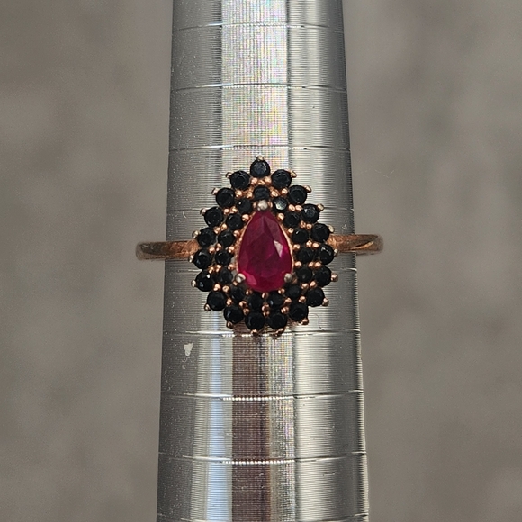 Ruby Pear Halo Ring 6.5 Sterling Silver 925 Black Diamonds Statement Whimsigoth - Picture 3 of 11